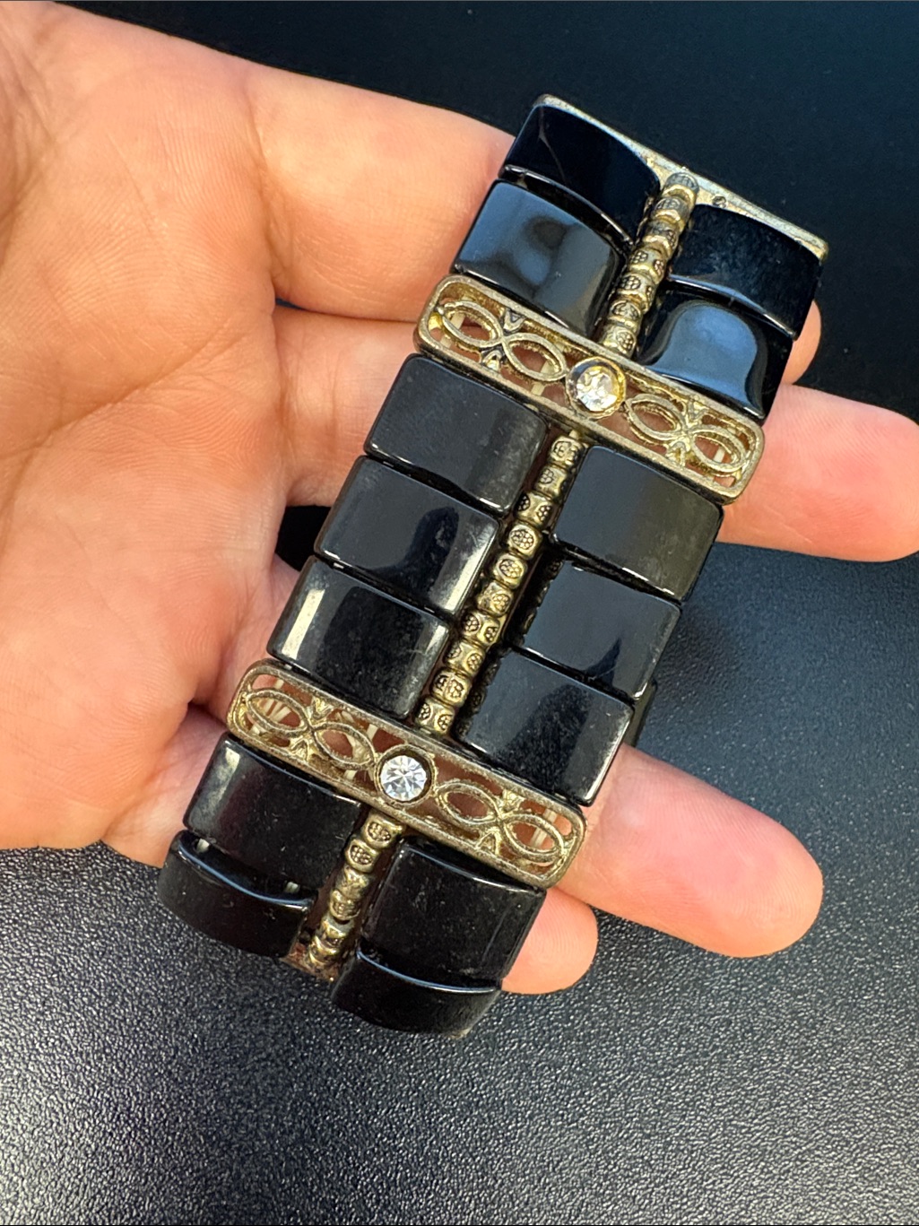 Pretty Black Stone And Filigree Stretch Statement Bracelet With Crystal Accents